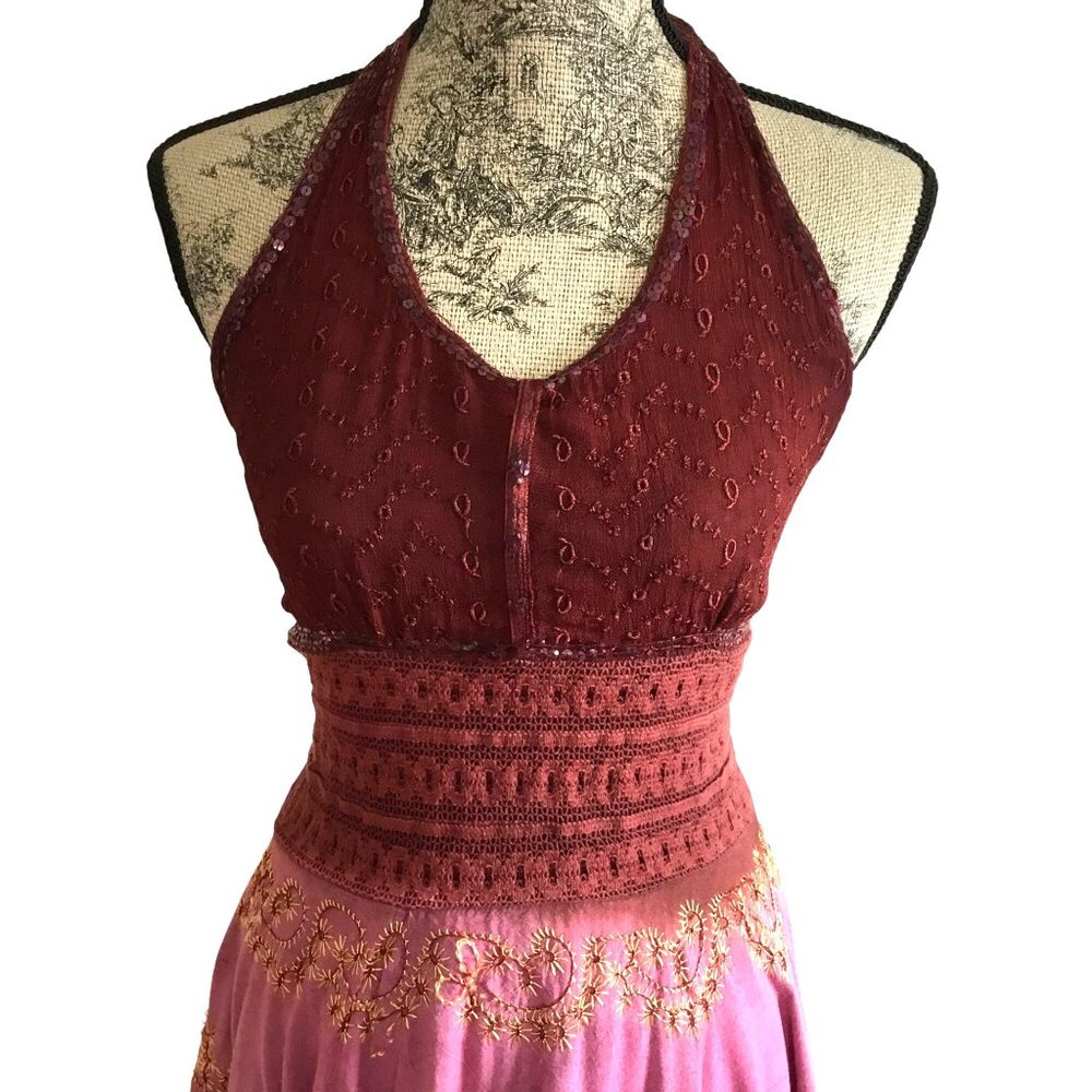 Boho Patchwork Women Halter Dress Sequin Embroidery Asymmetrical Cottagecore S - Picture 5 of 9